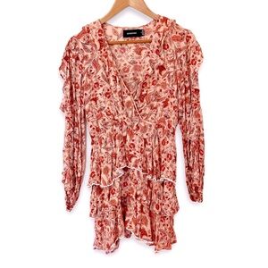 MinkPink Mini Floral Dress Revolve 3/4 Sleeve V-Neck Peach